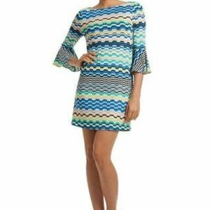 Trina Turk Zigzag Blue Bell Sleeve Dress